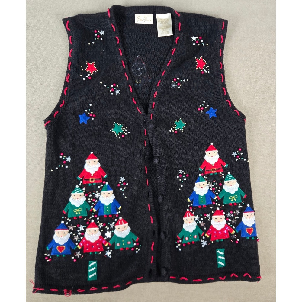 Bobbie Brooks Black Christmas Sweater Vest Santa Gnomes Beaded BB3H263 Womens S - Picture 1 of 11